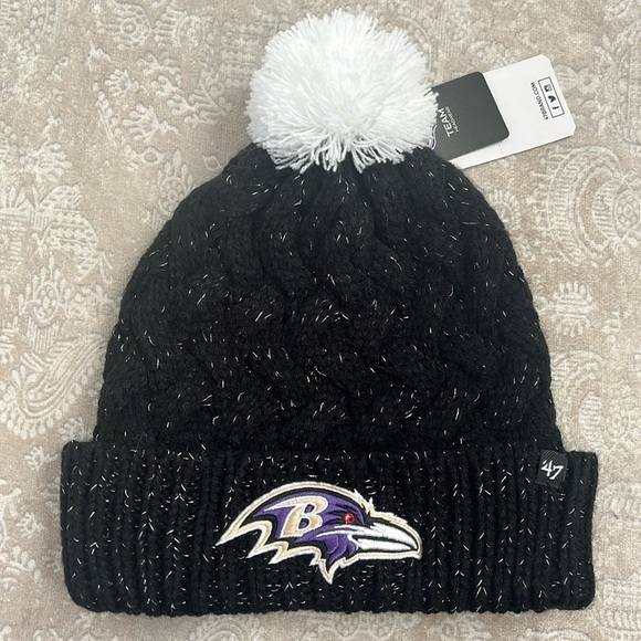 Brand New 47 Brand NFL Baltimore Ravens Knit Pom Hat Black White Winter Beanie - Picture 1 of 13